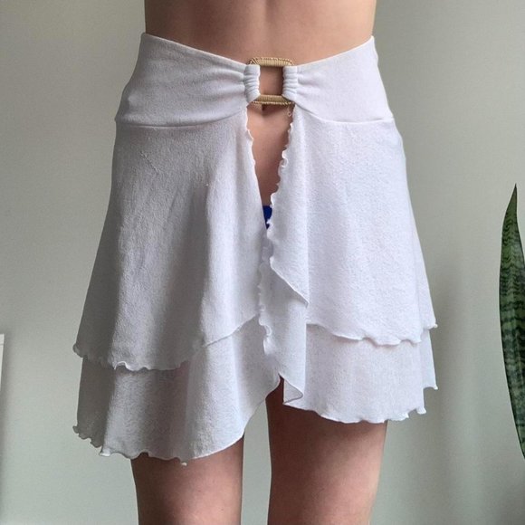 White Mini Skirt Bikini Coverup with Lettuce Hem - Picture 4 of 4